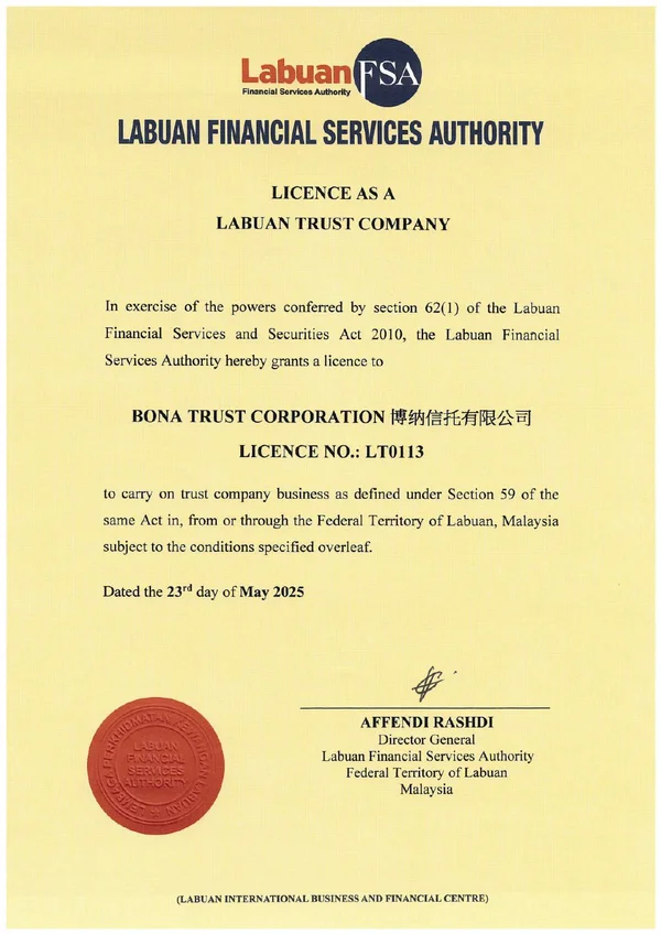 BONA TRUST CORPORATION Labuan trust company licence certificate